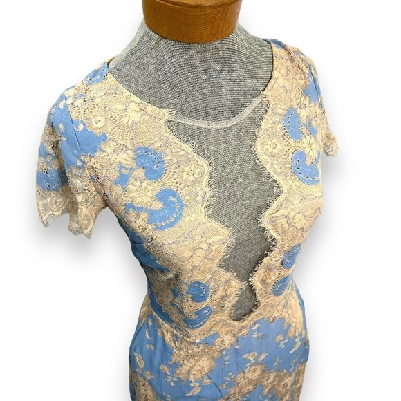 Storia Dress Womens Small Blue Beige Floral Lace Sheer Mini Mesh Chevron - Picture 3 of 8